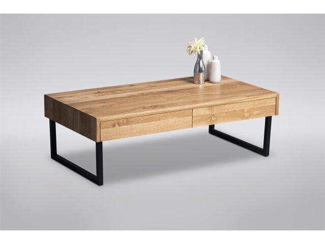 Couchtisch >Livvyy< in Wildeiche aus Massivholz, Metall - 110x35x60cm (BxHxT)