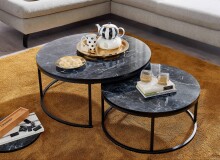 Couchtisch 2er Set Schwarz Marmor Optik Sofatisch Rund Modern | Beistelltisch 2-teilig Metall | Runde Wohnzimmertische | Design Satztische