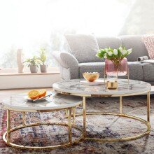 Couchtisch 2er Set Weiß Gold Marmor Optik Sofatisch Rund Modern | Couchtische 2-teilig Metall | Runde Wohnzimmertische | Design Satztische