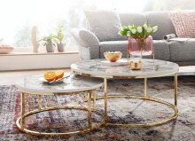 Couchtisch 2er Set Weiß Gold Marmor Optik Sofatisch Rund Modern | Couchtische 2-teilig Metall | Runde Wohnzimmertische | Design Satztische
