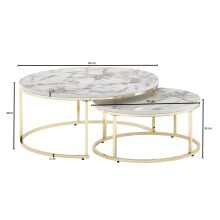Couchtisch 2er Set Weiß Gold Marmor Optik Sofatisch Rund Modern | Couchtische 2-teilig Metall | Runde Wohnzimmertische | Design Satztische