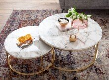 Couchtisch 2er Set Weiß Gold Marmor Optik Sofatisch Rund Modern | Couchtische 2-teilig Metall | Runde Wohnzimmertische | Design Satztische