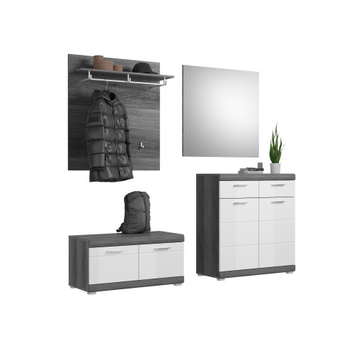 Garderoben-Set >Sandusky< in rauchsilber/weiß hochglanz - 195x197x40cm (BxHxT)
