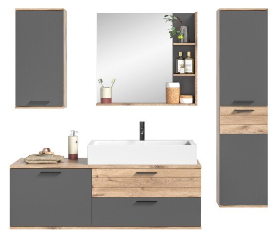 Badezimmer-Set >Mason< (4-teilig) in nox oak/basalt grau - 192x152x48cm (BxHxT)