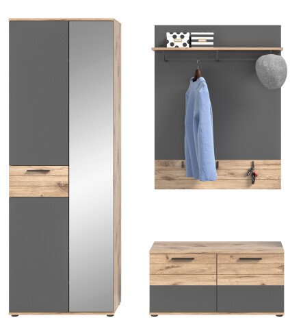 Garderoben-Set >Mason< in nox oak/basalt grau - 175x200x37cm (BxHxT)