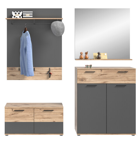 Garderoben-Set >Mason< in nox oak/basalt grau - 195x200x37cm (BxHxT)