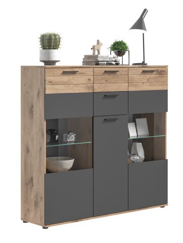 Highboard >Mason< in nox oak/basalt grau - 140x134x37cm (BxHxT)