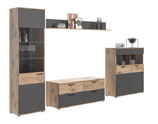 Wohnwand >Mason< in nox oak/basalt grau - 327x200x47cm (BxHxT)
