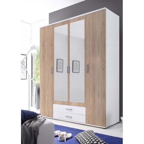 Kleiderschrank >Karl< in weiß mit Absatz Sonoma/Eiche - 159x196x54cm (BxHxT)