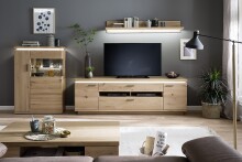 Wohnwand >Barceloni< in Balkeneiche Bianco aus Holz - 315x175x50cm (BxHxT)