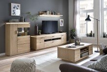 Wohnwand >Barceloni< in Balkeneiche Bianco aus Holz - 315x175x50cm (BxHxT)