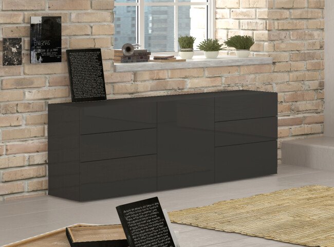 Sideboard >Mercogliano< in Anthrazit Hochglanz - 170x60.5x40cm (BxHxT)