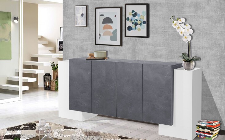 Sideboard >Pinerolo< in Weiß-Hochglanz/Schiefer - 210x85x45cm (BxHxT)