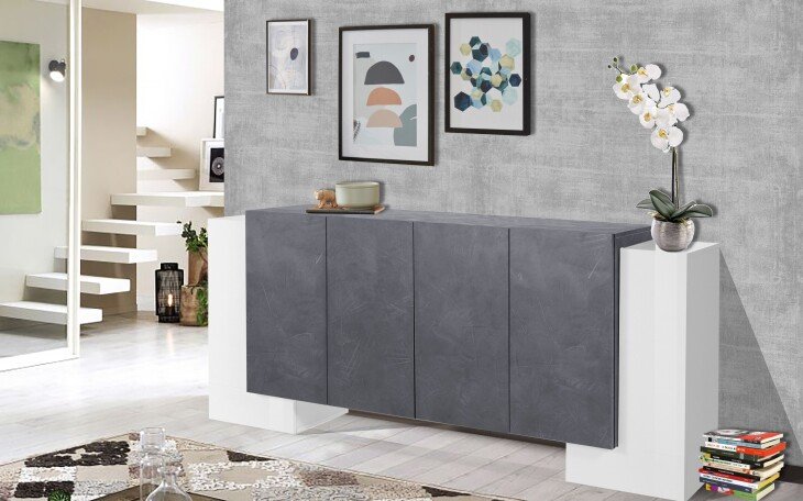Sideboard >Pinerolo< in Weiß-Hochglanz/Schiefer - 210x85x45cm (BxHxT)