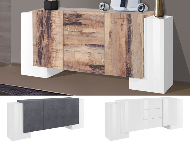 Sideboard >Pinerolo< in Weiß-Hochglanz - 210x85x45cm (BxHxT)