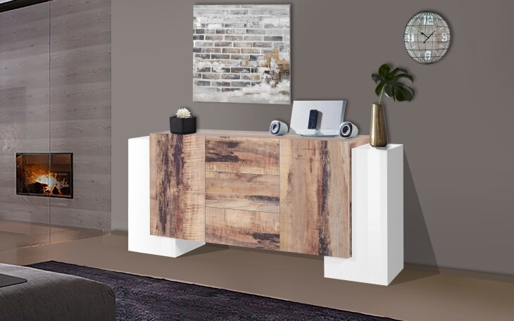 Sideboard >Pinerolo< in Weiß-Hochglanz/Ahorn - 210x85x45cm (BxHxT), 399,95 €