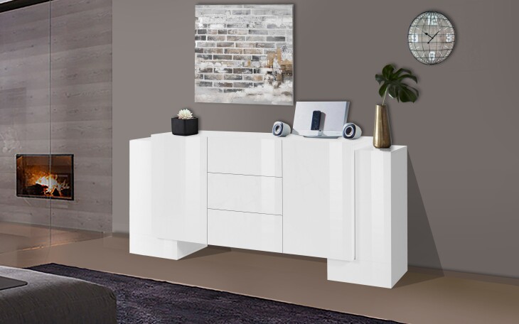 Sideboard >Pinerolo< in Weiß-Hochglanz - 210x85x45cm (BxHxT)
