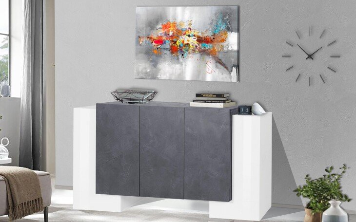 Sideboard >Pinerolo< in Weiß-Hochglanz/Schiefer - 170x85x45cm (BxHxT)