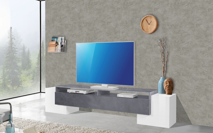 TV-Board >Pinerolo< in Weiß-Hochglanz, Schiefer - 210x45x45cm (BxHxT)