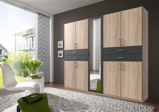 Dreh-/Schwebetürenschrank >Taiga< (B/H/T: 225x208x58 cm) Eiche-sägerau