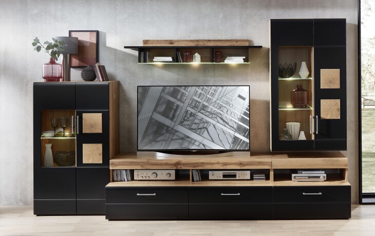 Wohnwand >Sidonia< in Eiche Altholz - 330x208x52cm (BxHxT)