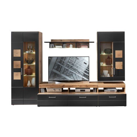 Wohnwand >Sidonia< in Eiche Altholz - 330x208x52cm (BxHxT)