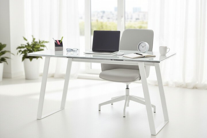 Schreibtisch >9525< (B/H/T: 140x76x51 cm) in Metall weiß - Weißglas