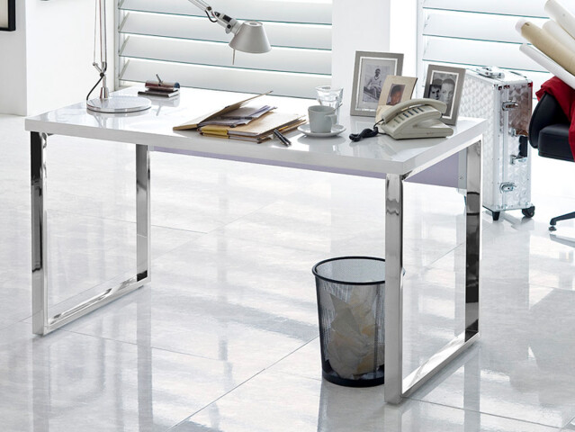 Schreibtisch >Sydney< in Weiß Hochglanz aus Stahl - 140x76x70cm (BxHxT)