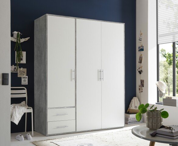 Kleiderschrank >Valencia< (BxHxT: 155x195x60 cm) in Beton Optik / Weiß