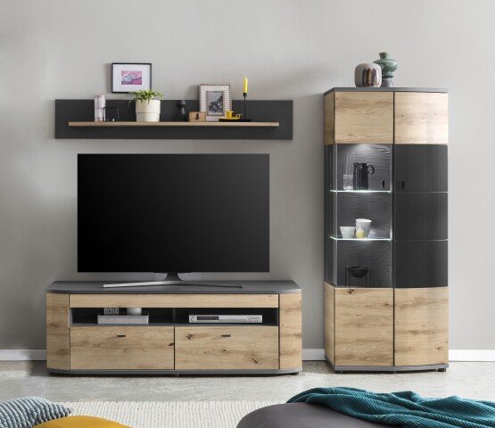 Wohnwand >DERA< (BxHxT: 235,2x171,2x46,4 cm) Artisan Eiche/Anthrazit Hochglanz