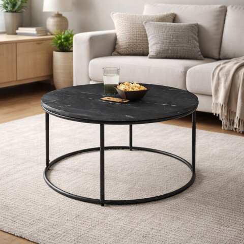 Couchtisch >Belfort< rund Ø80 cm – Schwarzer Marmor & Metallgestell modern