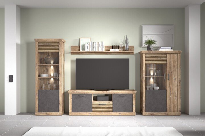 Wohnwand >PORTUM< (BxHxT: 394,3x205,5x40 cm) Dekor Lamellen Eiche/Anthrazit