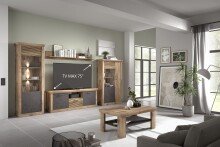 Wohnwand >PORTUM< (BxHxT: 394,3x205,5x40 cm) Dekor Lamellen Eiche/Anthrazit