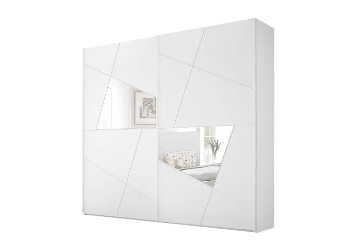 Kleiderschrank "Valeria" in Weiss Melamin mit Siebdruck und Spiegel mit 2 Türen und 2 Einlegeböden. Abmessungen (BxHxT) 243x230x57 cm