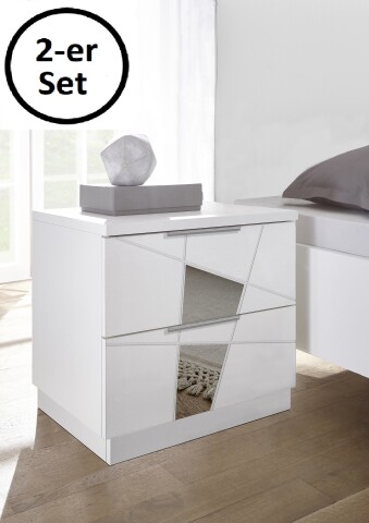 Nachtkommode >Valeria< 2er-Set (BxHxT: 51x48x39 cm) Weiss Melamin mit Siebdruck Spiegel