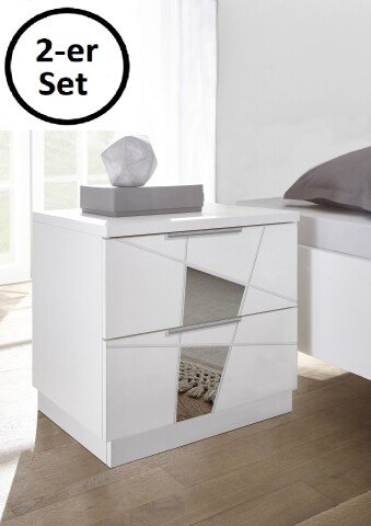 Nachtkommode >Valeria< 2er-Set (BxHxT: 51x48x39 cm) Weiss Melamin mit Siebdruck Spiegel