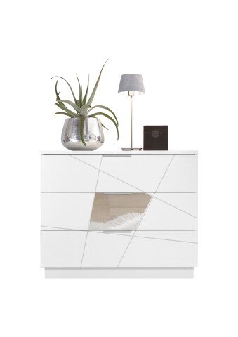 Kommode >Valeria< (BxHxT: 104x85x46 cm) Weiss Melamin mit Siebdruck und Spiegel