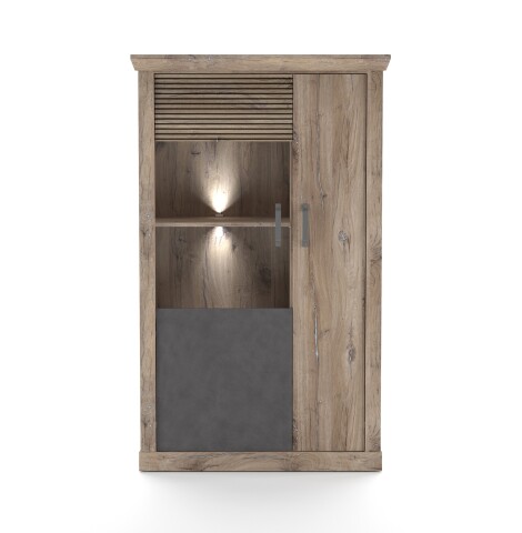 Vitrine >PORTUM< (BxHxT: 106,3x173,7x40 cm) Dekor Lamellen Eiche-Anthrazit