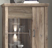 Vitrine >PORTUM< (BxHxT: 106,3x173,7x40 cm) Dekor Lamellen Eiche-Anthrazit