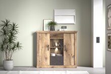 Highboard >PORTUM< (BxHxT: 133,9x120x40 cm) Dekor Lamellen Eiche/Anthrazit