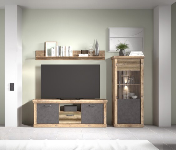 Wohnwand >PORTUM< (BxHxT: 273x180x40 cm) Dekor Lamellen Eiche-Anthrazit
