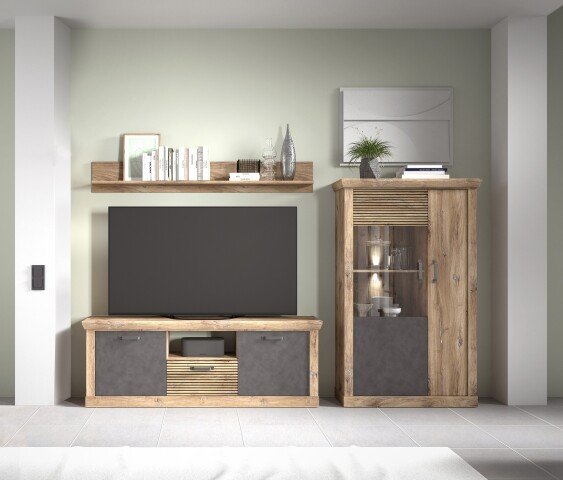 Wohnwand >PORTUM< (BxHxT: 303,3x180x40 cm) Dekor Lamellen Eiche-Anthrazit