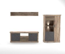 Wohnwand >PORTUM< (BxHxT: 303,3x180x40 cm) Dekor Lamellen Eiche-Anthrazit