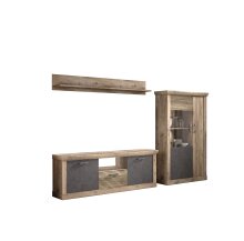 Wohnwand >PORTUM< (BxHxT: 303,3x180x40 cm) Dekor Lamellen Eiche-Anthrazit