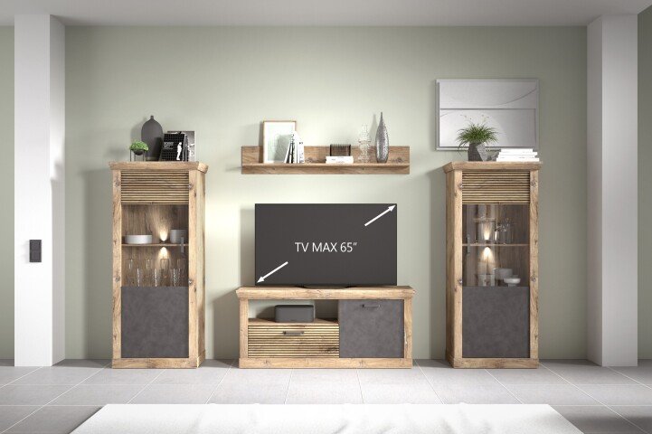 Wohnwand >PORTUM< (BxHxT: 332x180x40 cm) Dekor Lamellen Eiche-Anthrazit