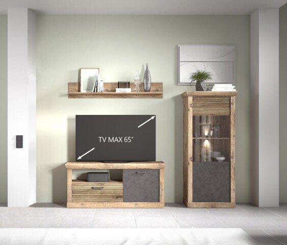 Wohnwand >PORTUM< (BxHxT: 241x180x40 cm) Dekor Lamellen Eiche-Anthrazit