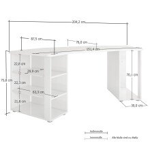 Schreibtisch >PIPPO< (BxHxT: 205x76x90,5 cm) in Weiss hlg. - 205x76x90,5 (BxHxT)