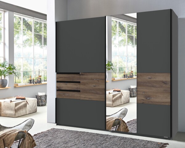 Schwebetürenschrank >SCHWERIN< in GRAPHIT, GLAS SCHWARZ - 180x198x65c,  609,95 €