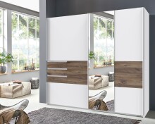 Schwebetürenschrank >BAMBERG< (BxH: 180x198 cm) in WEISS + FLAGSTAFF EICHE NB