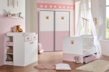 Schwebetürenschrank >CINDY2< (BxHxT: 139x200x65 cm) in WEISS + ABSETZUNGEN ROSE